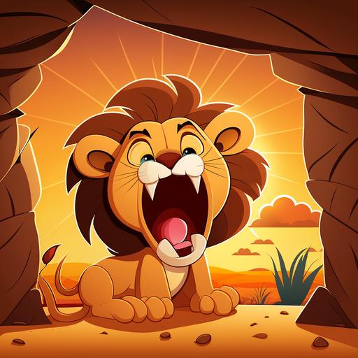 baby cartoon lion waking up yawning inside a den, with safari background, sun is rising at dawn