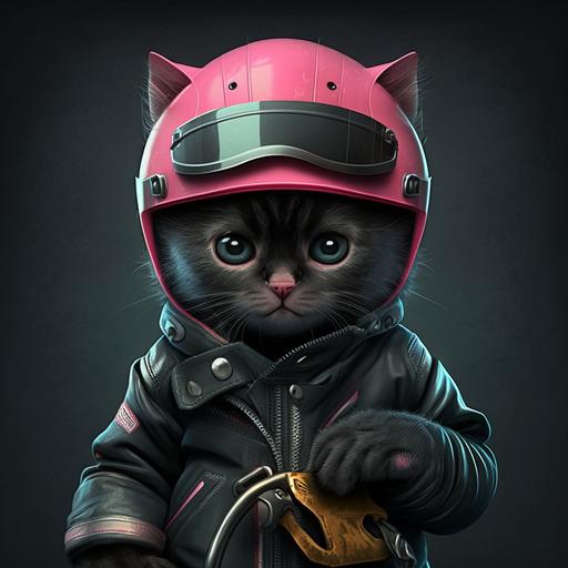 baby cat in black jacket, gloves, motorcycle, pink helmet