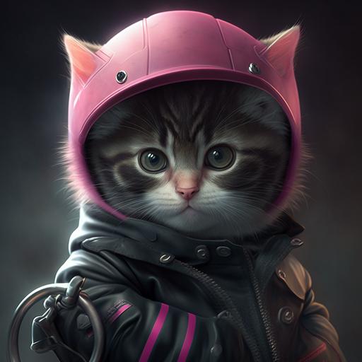 baby cat in black jacket, gloves, motorcycle, pink helmet