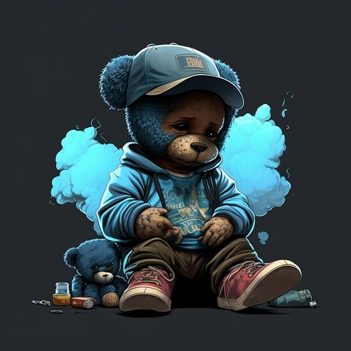 baby character, smoking joint in his mouth, hip hop clothes, sitting next to teddy bears