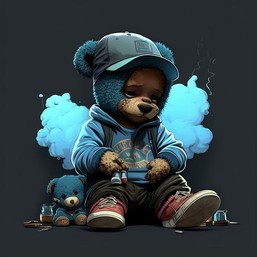 baby character, smoking joint in his mouth, hip hop clothes, sitting next to teddy bears