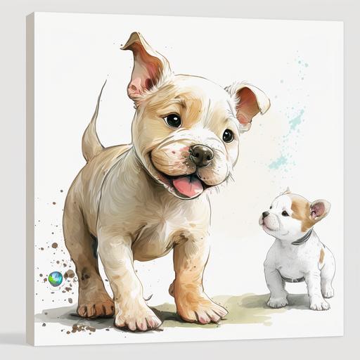 baby cute White pitbull toon playing with brown female yorkie toon in watercolor