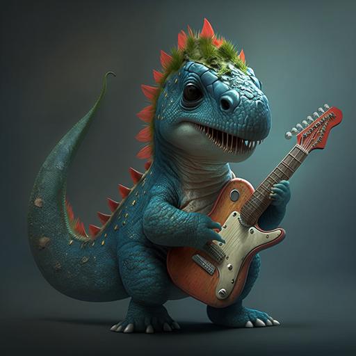 baby cute dinosaur, cantante, guitarra electrica,4k, realistic