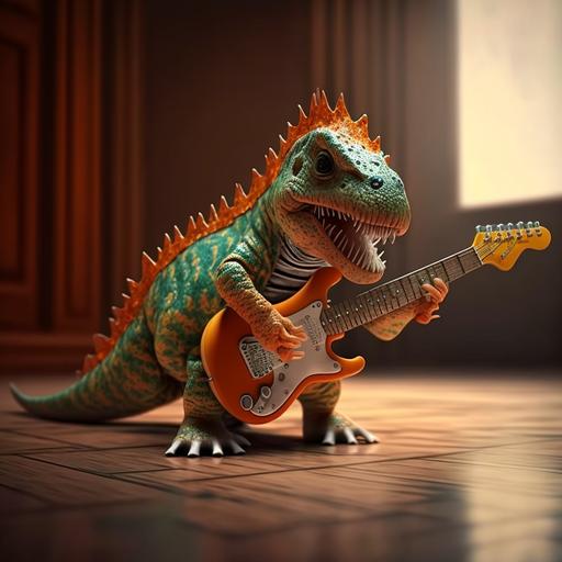 baby cute dinosaur, cantante, guitarra electrica,4k, realistic