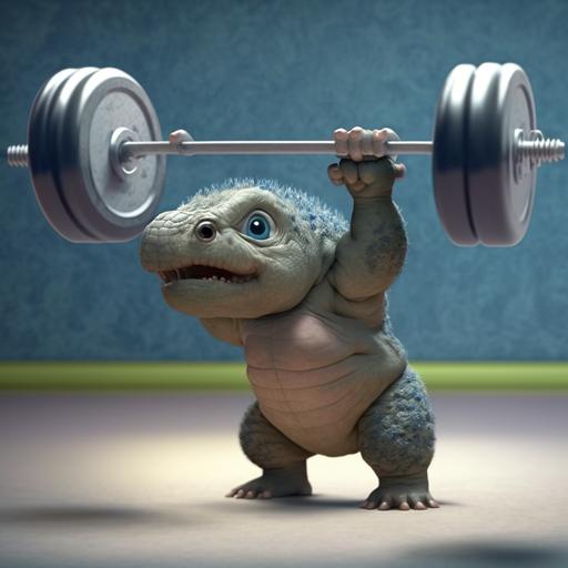 baby dinausore lifting weight with light background