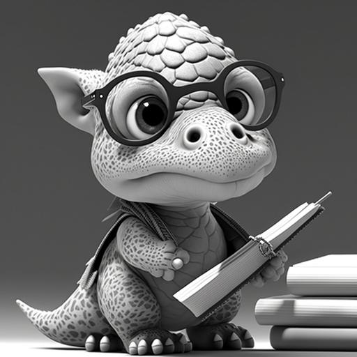 baby dino cute professor realistic cartoon 135mm black and white for coloring 8k