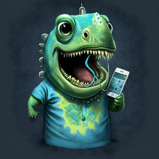 baby dino skyblue, lime green shirt, sell smartphone