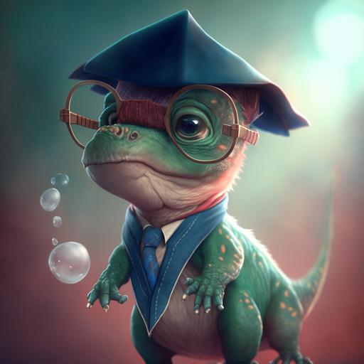 baby dinosaur dressed as a graduate with glasses