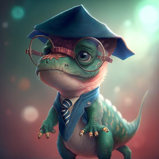 baby dinosaur dressed as a graduate with glasses