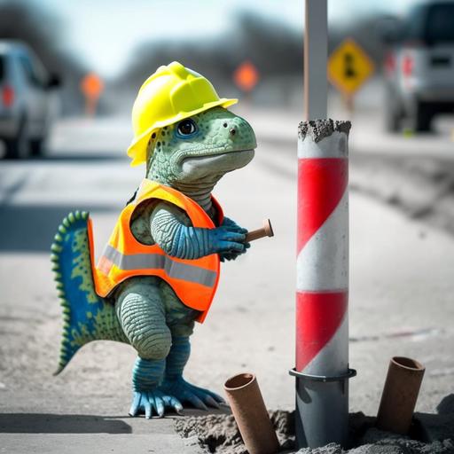 baby dinosaur fiber optic installation technician, with helmet, safety vest, safety boots, carrying a ladder, in front of a concrete post