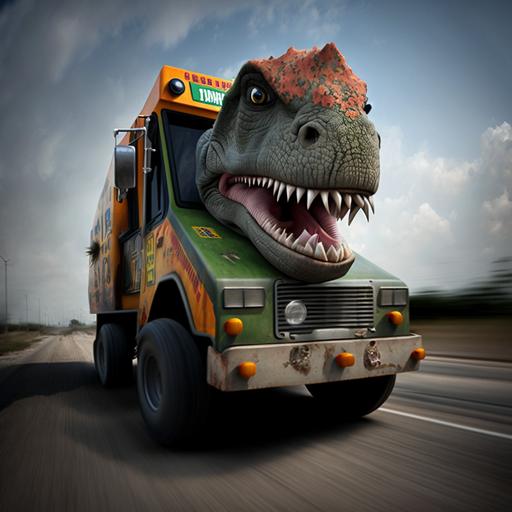 baby dinosaur truck driver accelerating at 60 km/h