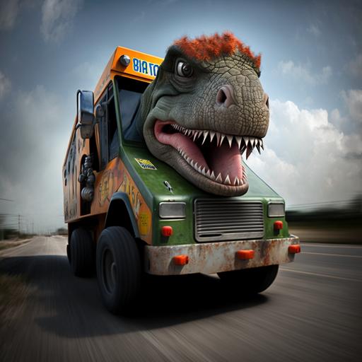 baby dinosaur truck driver accelerating at 60 km/h