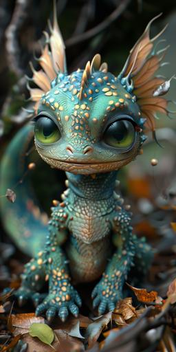baby dragon in the forest near trees with large green eyes, in the style of intricate, whimsical details, zbrush, teal and gold, close-up shots, sharp/prickly --ar 1:2 --stylize 750 --v 6.0
