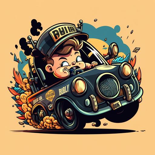 baby drives a car running from cops, cartoon style