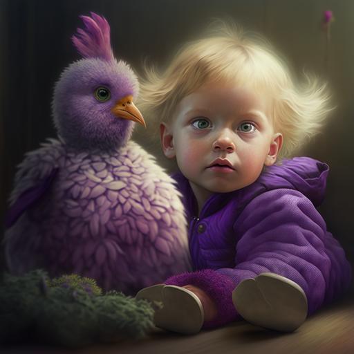 baby face, blonde hair, purple feet, bunny tail, green eyes, big chicken, 4k