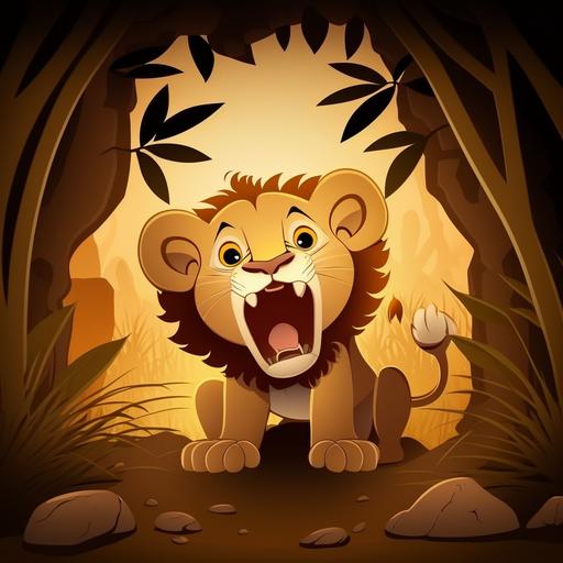 , baby lion cartoon, shocked face, inside a den, jungle background, sunrise