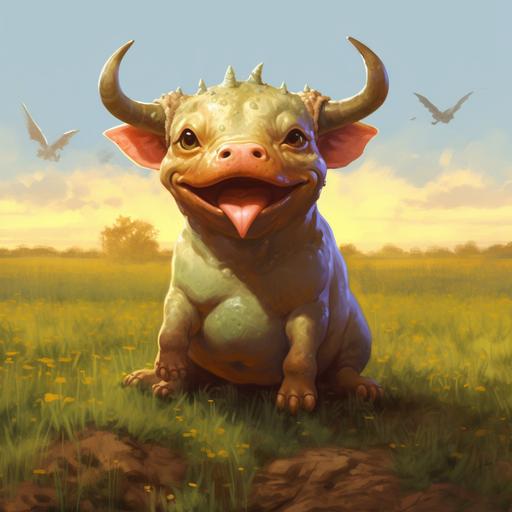 baby of bull and pepe, smiling, cute face, face with frog, has 2 horns on top of head, field background