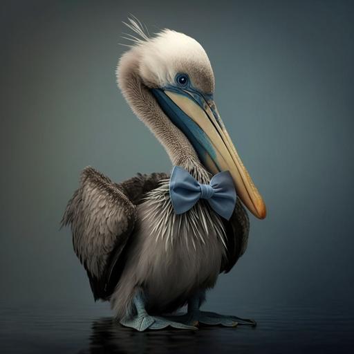 baby pelican wearing a bowtie