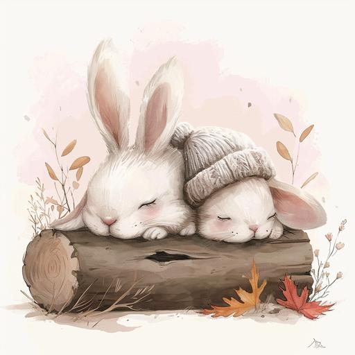 baby rabbit and mom, sleeping on the big log which is near the ground, rabbit wearing hat, rabbit is in illustration style, watercolor illustration for all image, shinny pastel colors illustration style, main colors are beige, cream, pink. Add big watermark behind the all image. Watermark color is light pink. Without any tree or leaves --v 6.0