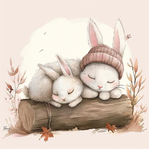 baby rabbit and mom, sleeping on the big log which is near the ground, rabbit wearing hat, rabbit is in illustration style, watercolor illustration for all image, shinny pastel colors illustration style, main colors are beige, cream, pink. Add big watermark behind the all image. Watermark color is light pink. Without any tree or leaves --v 6.0
