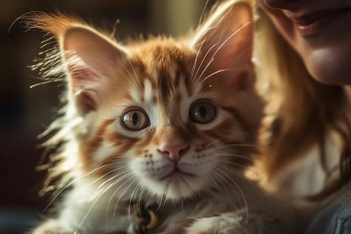 baby red maine coon and white kitten is smiling in someone's arms, huge muzzle , linx types,n the style of 32k uhd, ebru sidar, hdr, repetitive, website, bokeh, backlight, --ar 3:2 --q 2 --v 5 --s 750