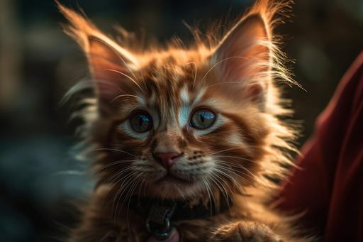 baby red maine coon kitten is smiling in someone's arms, huge muzzle , linx types,n the style of 32k uhd, ebru sidar, hdr, repetitive, website, bokeh, backlight, --ar 3:2 --q 2 --v 5 --s 750