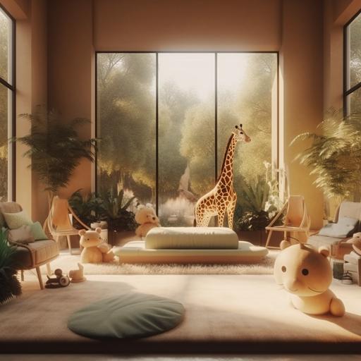 , baby room, with a baby bed, two giraffe plushies, one elephant plushie, one bear plushie, one beige rocking horse, cute wallpaper, bright sunray --s 750