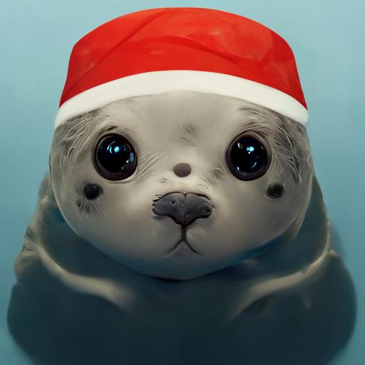 baby seal wearing christmas hat, realistic cartoon, ray traced