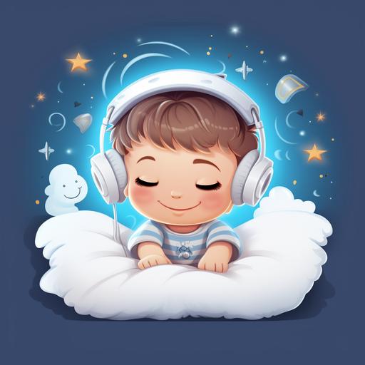 baby sleeping on a soft pillow in a colorfull room, listening a sleepy music cartoon real . Deep sleep logo