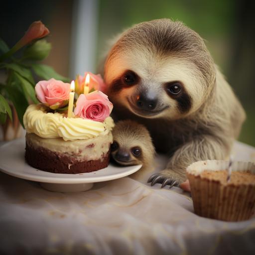 baby sloth cuddling mommy sloth while eating birthday cake