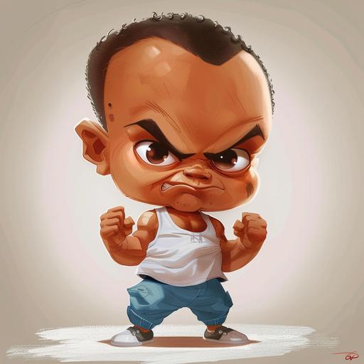 baby version of David Goggins, Baby Goggins (David Goggins is a motivational icon) , he is highly motivated to succeed, so often a serious face, not necessarily angry., cartoon