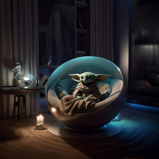 baby yoda, peaceful, while chilling in bed. scenarios: abstract futuristic room, with light