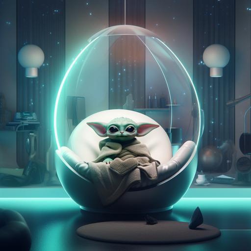 baby yoda, peaceful, while chilling in bed. scenarios: abstract futuristic room, with light