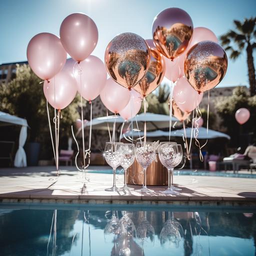bachelorette photoshoot vibes, rose-gold decoration, Israeli girls, casual pool party clothes, rose-gold confetti, balloon, pool party, raising a toast