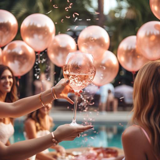 bachelorette vibes, rose-gold decoration, rose-gold confetti, balloon, pool party, close-up on hands above table