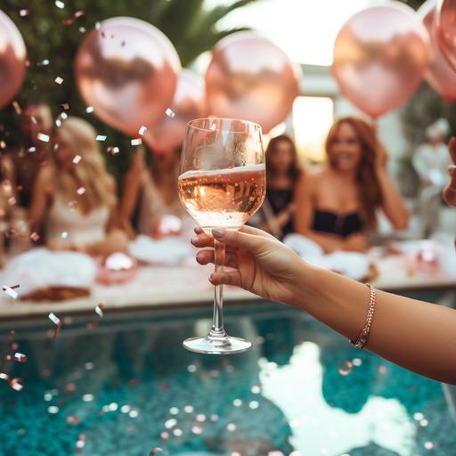 bachelorette vibes, rose-gold decoration, rose-gold confetti, balloon, pool party, close-up on hands above table