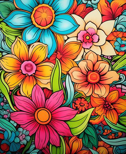 back cover for a coloring book, flowers vivid marker colors, cartoon lines, thick lines, medium detail --ar 9:11