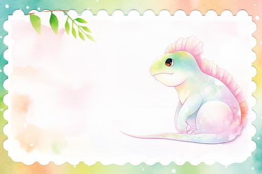 back of a postcard template, watercolor cute rainbow chameleon themed, kawaii, --niji 5 --ar 3:2