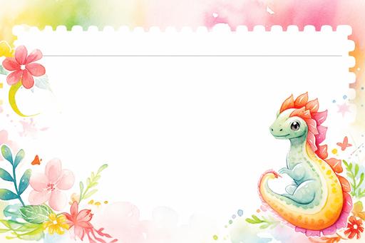 back of a postcard template, watercolor cute rainbow chameleon themed, kawaii, --ar 3:2 --niji 5