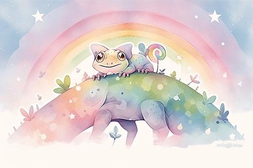 back of a postcard template, watercolor cute rainbow chameleon themed, kawaii, --ar 3:2 --niji 5 --style scenic