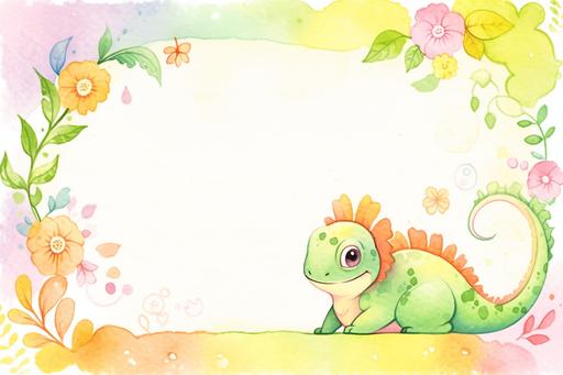back of a postcard template, watercolor cute rainbow chameleon themed, kawaii, --niji 5 --ar 3:2