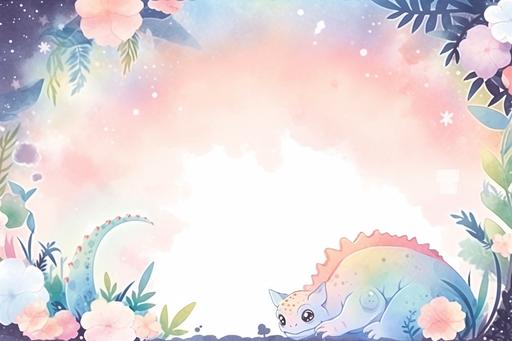 back of a postcard template, watercolor cute rainbow chameleon themed, kawaii, --ar 3:2 --niji 5 --style scenic