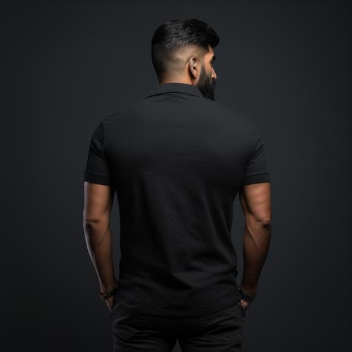 back side photoshoot of a 6 feet tall Indian man in grey background, military fatigue and military haircut. wearing high quality, high collared plain black polo t-shirt, standing.