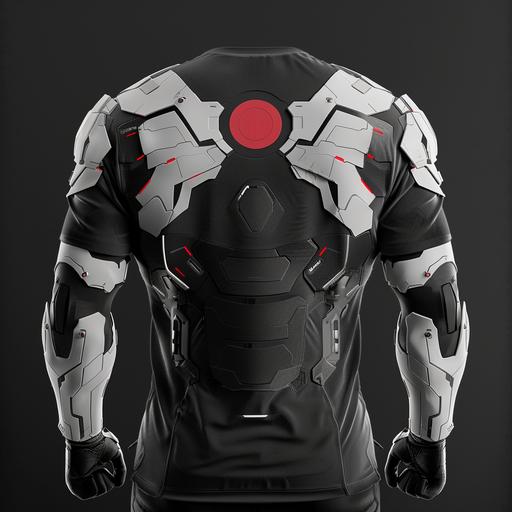 back view black tshirt with scifi armor design indclude white and red colors, no wrinkles, red round logo in the center, white top armor and grey bottom armor, 3d style --v 6.0