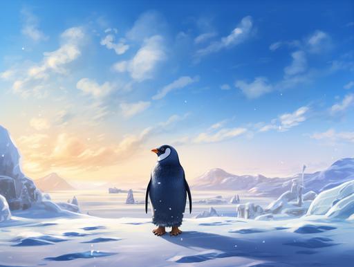 back view of penguin walking away in a snowy landscape, realistic, children's story book. --ar 4:3