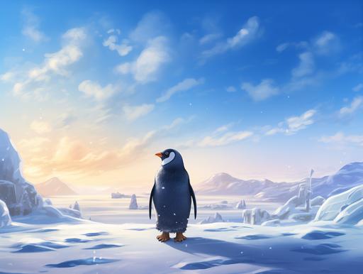 back view of penguin walking away in a snowy landscape, realistic, children's story book. --ar 4:3