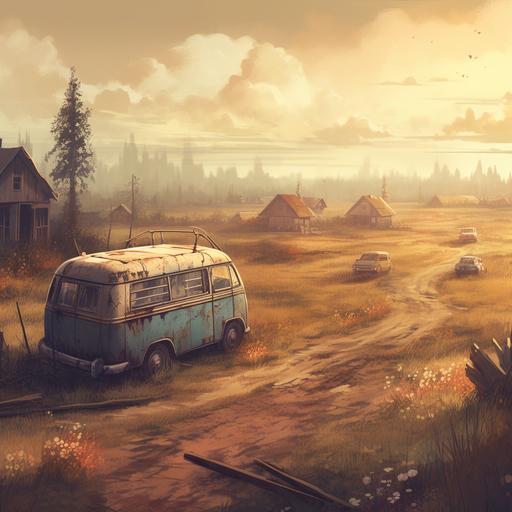 background featuring Russia with an old beat up van on the left of the foreground, scenic, detailed, HD --v 5.0 --s 750