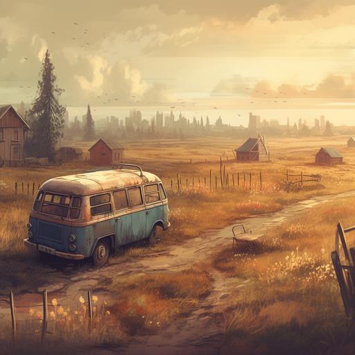 background featuring Russia with an old beat up van on the left of the foreground, scenic, detailed, HD --v 5.0 --s 750