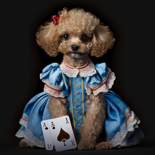 super3Dimagine.superreal.superphotograph.The background is black, and there are many playing cards, large and small. In the center, a small toy poodle with short legs and a short tail and apricot-colored ears is dressed in an Alice in Wonderland dress.
