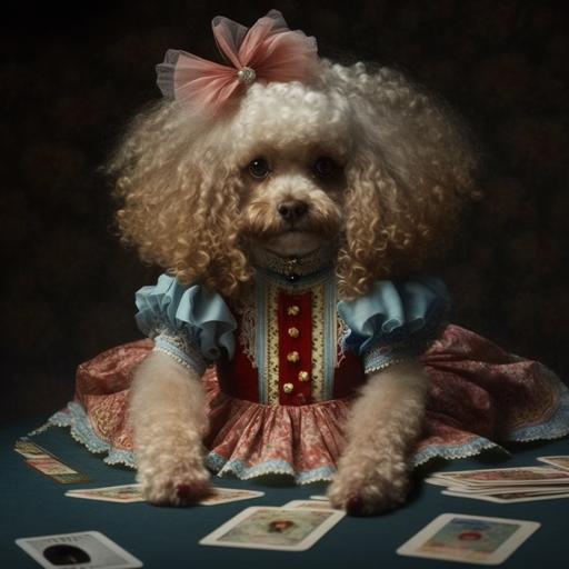 super3Dimagine.superreal.superphotograph.The background is black, and there are many playing cards, large and small. In the center, a small toy poodle with short legs and a short tail and apricot-colored ears is dressed in an Alice in Wonderland dress.